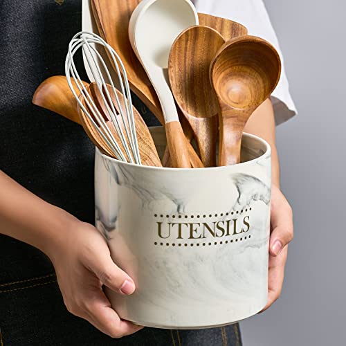  Kitchen Utensil Holder Large Utensil Holder For Countertop, Modern Ceramic Cooking Utensil Crock Heavy Spatula Holder, 6.7 Inches Gray Marble Utensils Organizer For Home Decor