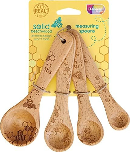  Laser Etched Beechwood Measuring Spoons | Set Of 4 | Honey Bee Design | Natural Wooden Measuring Spoons Set | Cute & Functional Kitchen Tools