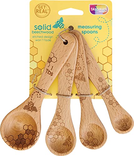  Laser Etched Beechwood Measuring Spoons | Set Of 4 | Honey Bee Design | Natural Wooden Measuring Spoons Set | Cute & Functional Kitchen Tools