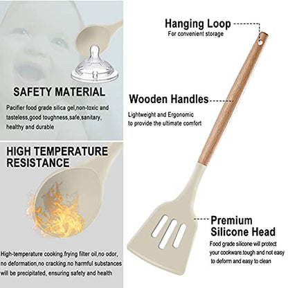  Ilicone Kitchen Utensils Set Cooking Utensils - SZBOB Heat Resistant/Non-stick/Non Toxic/BPA Free Silicon Spoons Spatula Whisk Tongs Wooden Handle Kitchen Utensils Set With Holder (Khaki)