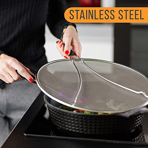  13", 11.5", 9.5" Stainless Steel Fine Mesh Splatter Screen With Resting Feet Set, Black Handles