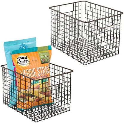  MDesign Farmhouse Decor Metal Wire Food Organizer Storage Bin Baskets With Handles For Kitchen Cabinets, Pantry, Bathroom, Laundry Room, Closets, Garage - 2 Pack - Bronze
