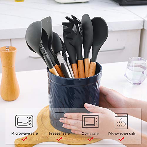  Kitchen Utensil Holder, Large Ceramic Utensil Crock, Deep And Stable, Utensils Caddy Texture Series (Dark Blue)