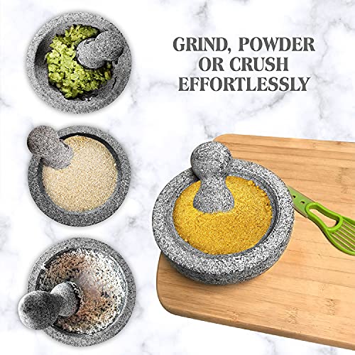  Granite Mortar And Pestle Set Guacamole Bowl Molcajete 8 Inch - Natural Stone Grinder For Spices, Seasonings, Pastes, Pestos And Guacamole - Extra Bonus Avocado Tool Included