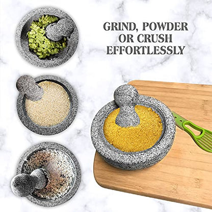  Granite Mortar And Pestle Set Guacamole Bowl Molcajete 8 Inch - Natural Stone Grinder For Spices, Seasonings, Pastes, Pestos And Guacamole - Extra Bonus Avocado Tool Included