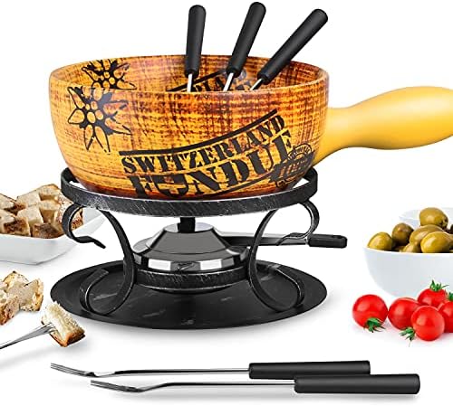  Artestia 2.11-Quart Ceramic Fondue Pot Set Cheese Chocolate Melting Pot Metal Stand With 6 Fondue Forks And Swiss Floral Pattern, Perfect For 6-8 People, 10 Piece