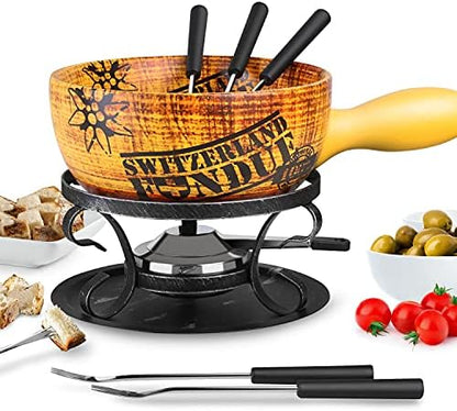  Artestia 2.11-Quart Ceramic Fondue Pot Set Cheese Chocolate Melting Pot Metal Stand With 6 Fondue Forks And Swiss Floral Pattern, Perfect For 6-8 People, 10 Piece