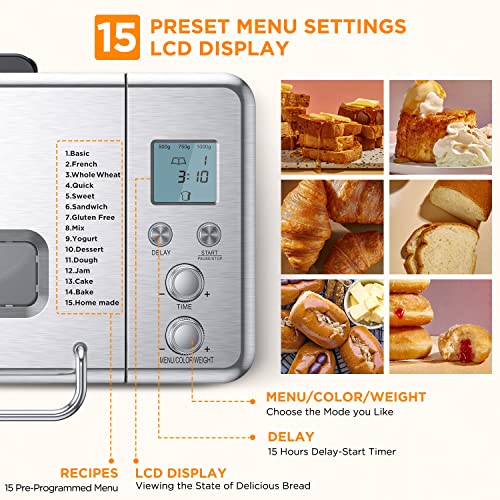 15-in-1 Bread Maker With Fruit And Nut Dispenser, 2.2LB Fully Stainless Steel Bread Machine, Nonstick Ceramic Pan, 3 Loaf Sizes & 3 Crust Colors, Recipes, Silver
