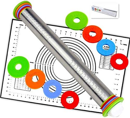  Rolling Pin Nonstick And Silicone Baking Pastry Mat Combo Kit, Adjustable Rolling Pin With Thickness Rings, Rolling Pin For Baking Fondant, Pizza, Pie, Pastry, Pasta, Dough, Cookies (red)