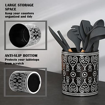  Ceramic Utensil Holder For Kitchen Counter - Large Black Utensil Crock For Countertop Organization - Modern Farmhouse Decor Kitchen Accessories - Dishwasher Safe