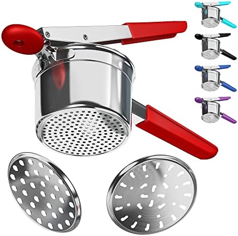  Potato Ricer Stainless Steel With 3 Interchangeable Fineness Discs, Ricer Kitchen Tool For Mashed Potatoes, Cauliflower Rice Maker Masher, Gnocchi Potatoe Spaetzle Press Patoto Masher (Red)