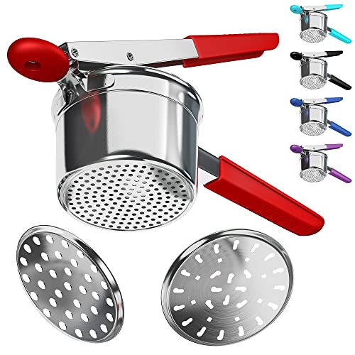  Potato Ricer Stainless Steel With 3 Interchangeable Fineness Discs, Ricer Kitchen Tool For Mashed Potatoes, Cauliflower Rice Maker Masher, Gnocchi Potatoe Spaetzle Press Patoto Masher (Red)