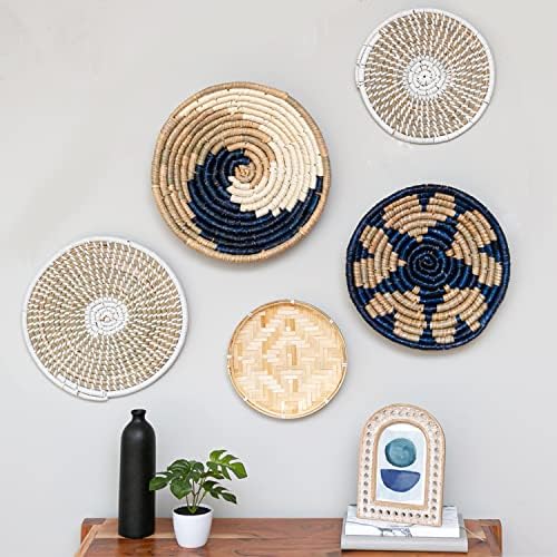  Coastal Wall Decor - Set Of 5 Wicker Wall Baskets, Blue Basket Wall Decor Set, Boho Seagrass Wall Decor - Wave, Stars, Sunburst Pattern
