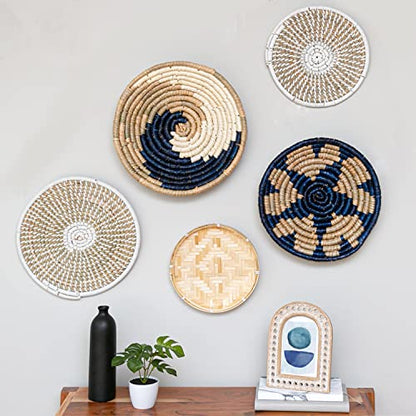  Coastal Wall Decor - Set Of 5 Wicker Wall Baskets, Blue Basket Wall Decor Set, Boho Seagrass Wall Decor - Wave, Stars, Sunburst Pattern