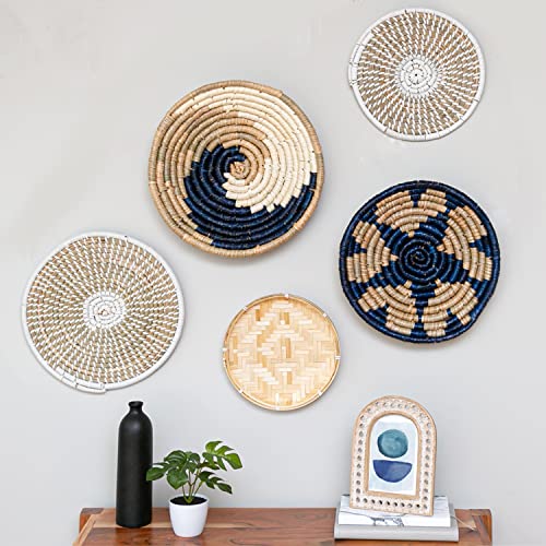  Coastal Wall Decor - Set Of 5 Wicker Wall Baskets, Blue Basket Wall Decor Set, Boho Seagrass Wall Decor - Wave, Stars, Sunburst Pattern