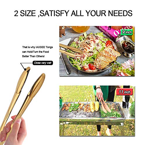  2-Pack 9 Inch Stainless Steel Gold Salad Tongs, Non-slip & Easy Grip Smart Locking Clip Handy Utensil For Cooking, Serving, Barbecue, Buffet, Salad, Ice, Oven
