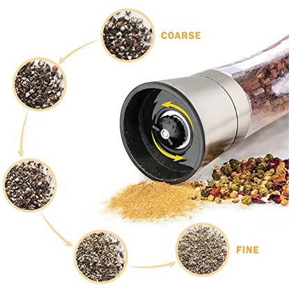  Salt And Pepper Shakers Grinders Refillable Stainless Steel, Adjustable Coarseness Mills Glass Material To Refill Sea Salt,Small Peppercorn,Black Pepper (single Package)
