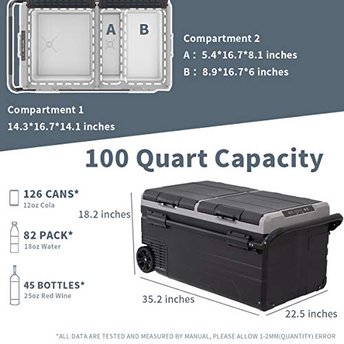  Dual Temperature Control TWW75 Portable Refrigerator 80 Quart(75 Liter) Compact Fridge Mini Freezer For Travel,Camping,Fishing, Outdoor -12/24V DC