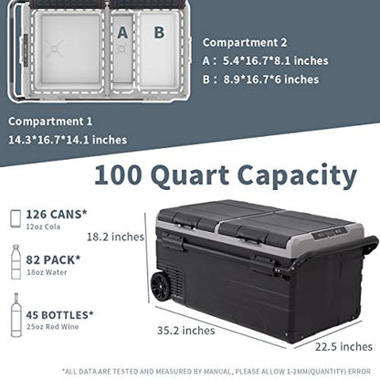  Dual Temperature Control TWW75 Portable Refrigerator 80 Quart(75 Liter) Compact Fridge Mini Freezer For Travel,Camping,Fishing, Outdoor -12/24V DC