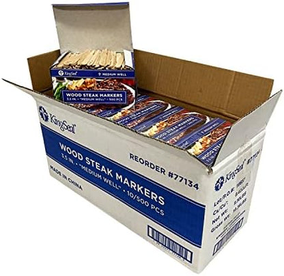  KingSeal 3.5 Inch Natural Birch Wood Steak Markers, Heat Stamped, MED Well, Eco-Friendly, Bulk Pack - 500 Count Per Box
