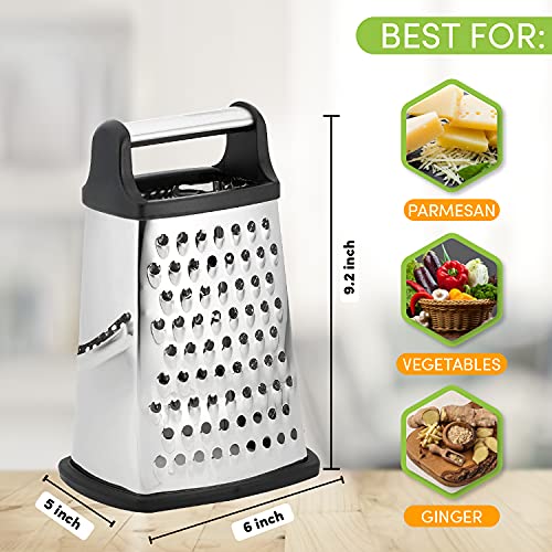  Professional Box Grater, Stainless Steel With 4 Sides, Best For Parmesan Cheese, Vegetables, Ginger, XL Size, Black