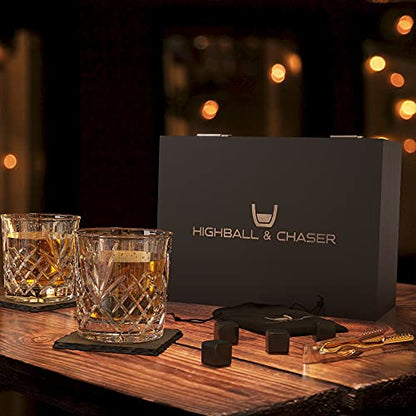  Whiskey Stones Gift Set For Men, Guys, Husband, Fathers Set Of 2 10oz Whiskey Rocks Glasses, 8 Granite Chilling Rocks, 2 Slate Coasters, Stylish Durable Black Wooden Gift Box (Sword Glass)