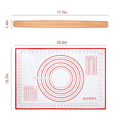  Wood French Rolling Pin For Baking, QUELLANCE Wooden Dough Roller With Silicone Baking Mat, Beech Wood Rolling Pins For Baking Dough, Pizza, Pie, Pastries, Pasta And Cookies,Red Pastry Mat