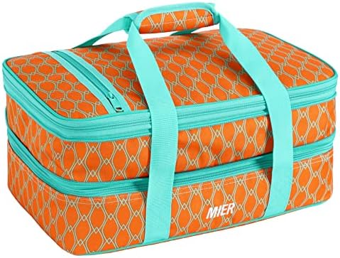  Insulated Double Casserole Carrier Thermal Lunch Tote For Potluck Parties, Picnic, Beach, Fits 9 X 13 Inches Casserole Dish, Expandable By Mid Zipper, Orange
