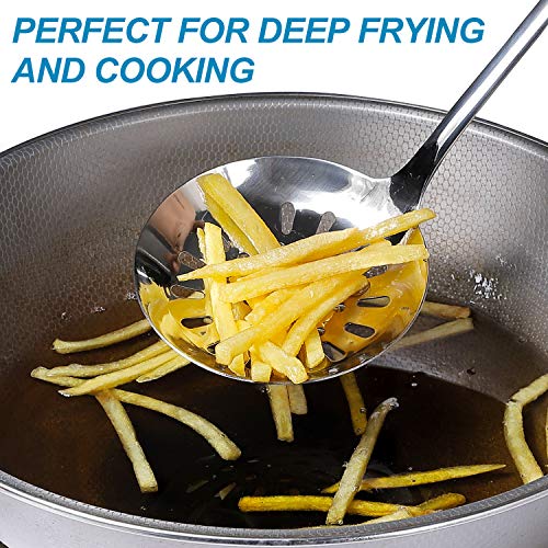  2 PCS Skimmer Spoon And Pasta Server Stainless Steel Spaghetti Fork Slotted Spoon With Gold Plated Vacuum Insulated Handle Kitchen Cooking Utensils For Daily Cooking Use