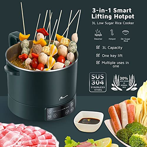  Long Lasting 3L Premium Smart Lifting Electric Hot Pot Electric Shabu Shabu 800W Food Grade Stainless Steel, Low Sugar Cooker Steamer / 3L For Rice Shabu Shabu Noodles Soup Ramen Measuring Cup, Steaming Basket (Green)