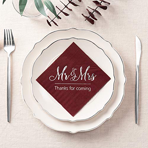  Wedding Napkins Mr Mrs Burgundy Silver Cocktail Beverage Dessert Disposable Napkins For Wedding Shower Engagement Party Decorations, Wedding Table Decor, 100 Pcs, 3-Ply