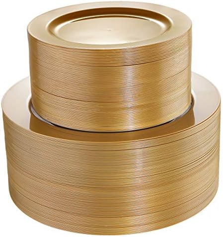  102 Pieces Solid Gold Disposable Plates, Gold Plastic Plates, Premium Plastic Party Plates Includes: 51 Dinner Plates 10.25 Inch And 51 Salad/Dessert Plates 7.5 Inch