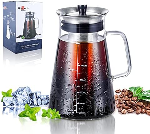  Cold Brew Coffee Iced Tea Maker & Fruit Pitcher - Large Capacity 68 Ounces - With Durable Glass Carafe/Fine Mesh Steel Infuser/Airtight Lid