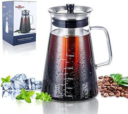  Cold Brew Coffee Iced Tea Maker & Fruit Pitcher - Large Capacity 68 Ounces - With Durable Glass Carafe/Fine Mesh Steel Infuser/Airtight Lid