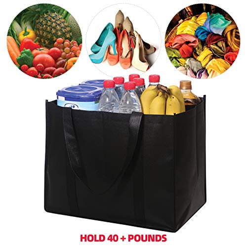  Set Of 10 Reusable Grocery Bags Extra Large Foldable Heavy Duty Shopping Tote Produce Bag With Reinforced Handles, Black