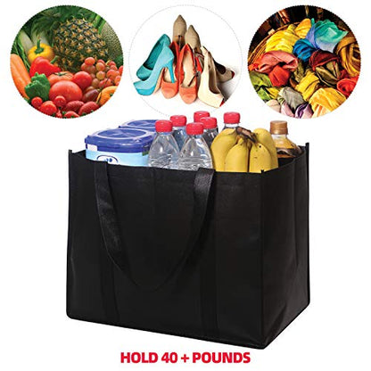  Set Of 10 Reusable Grocery Bags Extra Large Foldable Heavy Duty Shopping Tote Produce Bag With Reinforced Handles, Black