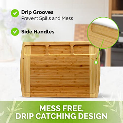  Organic Bamboo Cutting Board For Kitchen With Built-In Compartments And Juice Groove - Wooden Chopping Board For Meat, Cheese Charcuterie Board With Handles, (Medium And XL)