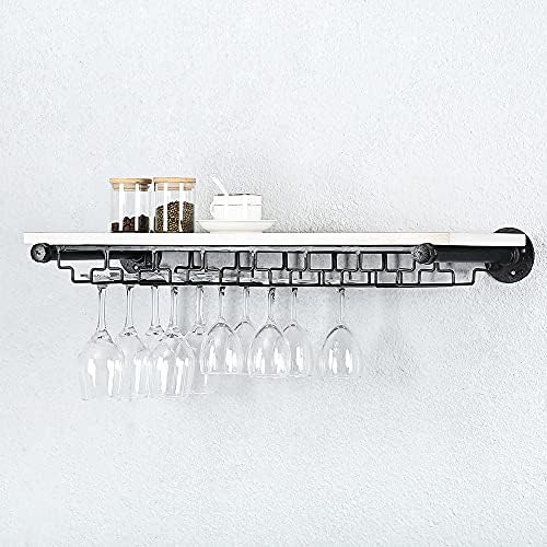  Industrial Pipe Shelving Hanging Stemware Racks,Rustic Wall Mounted Wine Rack With 8 Glass Holder,Steampunk Iron Floating Bar Shelves Stemware Holder,36in Metal Real Wood Shelf Wall Shelf