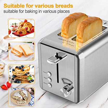  WHALL Toaster 2 Slice Stainless Steel Toasters With Bagel, Cancel, Defrost Function, 1.5in Wide Slot, 6 Shade Settings, Removable Crumb Tray, High Lift Lever, For Various Bread Types (850W)