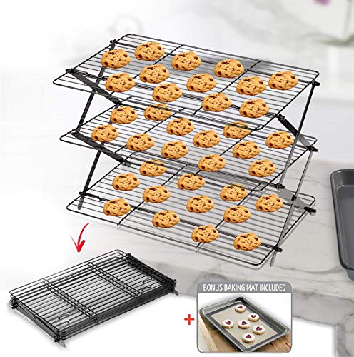  3-Tier Collapsible Cooling Rack - Bonus Baking Mat Included - Expandable & Foldable Cookie Cooling Wire Rack - Baking Rack - Foldable Cooling Rack For Baking Supplies - Premium Quality & Sturdy Legs