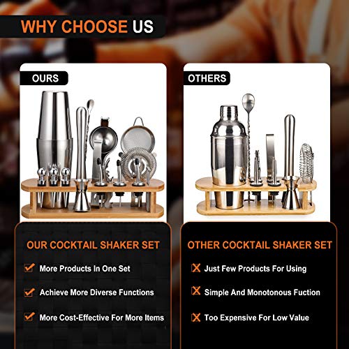  24-Piece Cocktail Shaker Bartender Kit With Stand, Boston Shaker, Mixing Spoon, Muddler, Measuring Jigger, Lemon Squeez, Tongs, Corkscrew, Liquor Pourers And More Professional Bar Tools
