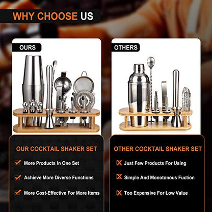  24-Piece Cocktail Shaker Bartender Kit With Stand, Boston Shaker, Mixing Spoon, Muddler, Measuring Jigger, Lemon Squeez, Tongs, Corkscrew, Liquor Pourers And More Professional Bar Tools