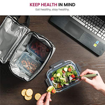  INEDINE Lunch Bag With Glass Containers - Insulated Lunch Box For Women And Men - Leakproof Locking Lids & Ice Pack - 2-Compartment Cooler Tote For Work (Black)