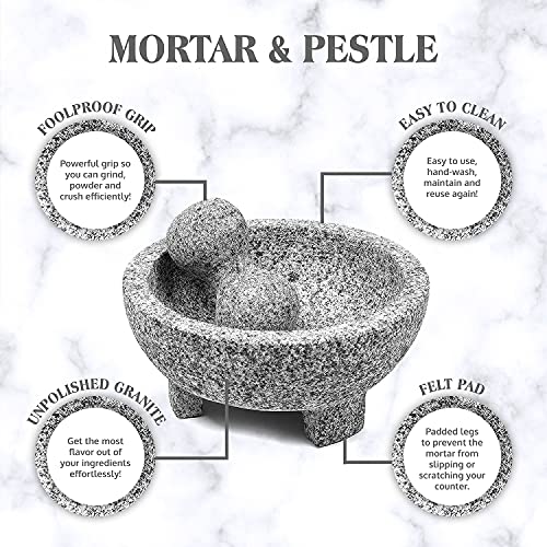  Granite Mortar And Pestle Set Guacamole Bowl Molcajete 8 Inch - Natural Stone Grinder For Spices, Seasonings, Pastes, Pestos And Guacamole - Extra Bonus Avocado Tool Included