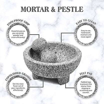  Granite Mortar And Pestle Set Guacamole Bowl Molcajete 8 Inch - Natural Stone Grinder For Spices, Seasonings, Pastes, Pestos And Guacamole - Extra Bonus Avocado Tool Included