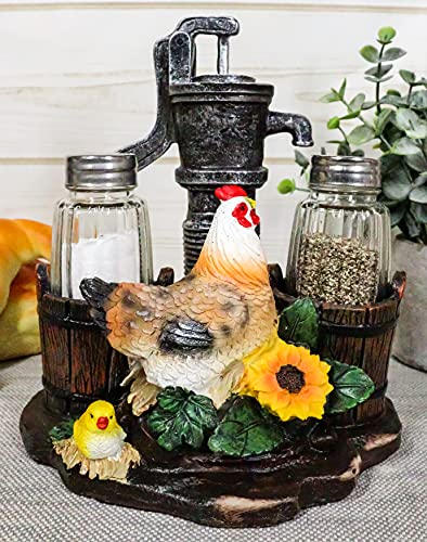  Country Animal Farm Chicken Hen With Chicks By Irrigation Well Pump Barrels And Sunflowers Salt And Pepper Shakers Holder Figurine As Kitchen Dining Home Decorative Sculpture Of Rooster