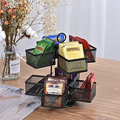  Tea Bag Organizer Storage Holder 360-Degrees Spinning Carousel, 8 Compartments, TeaBags Display Rack With Lazy Susan Platform For Kitchen Home Office Coffee Bar Station Pantry Counter -Black