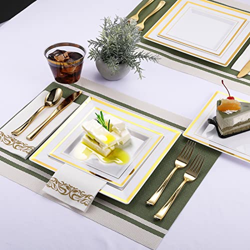  210PCS Gold Dinnerware Set 30 Guest,Gold Party Supplies,60 Gold Rim Plastic Plates-30 Gold Plastic Silverware-30 Plastic Cups-30 Linen Like Paper Napkins For Graduation, Birthday, Cocktail Party-Gold