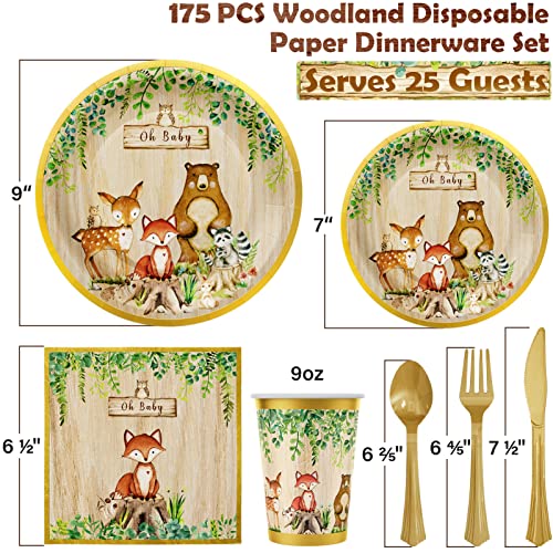  Woodland Baby Shower Decorations Supplies - 175PCS Forest Animal Disposable Dinnerware Set (25 Guest) With Gold Paper Plates Cups Napkins Plastic Fork Knives Spoon For Baby Boy Birthday Party