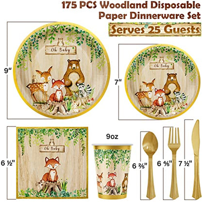  Woodland Baby Shower Decorations Supplies - 175PCS Forest Animal Disposable Dinnerware Set (25 Guest) With Gold Paper Plates Cups Napkins Plastic Fork Knives Spoon For Baby Boy Birthday Party